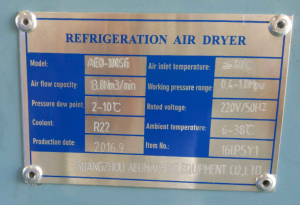 refrigerated air dryer Refrigerated air dryer nameplate